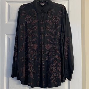 Johnny Was Charcoal Embroidered Button-Up Shirt